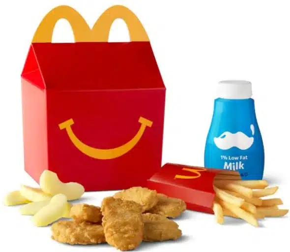 McDonald's 6 Piece Chicken McNuggets Happy Meal, a kids' meal with chicken nuggets, fries, and a drink