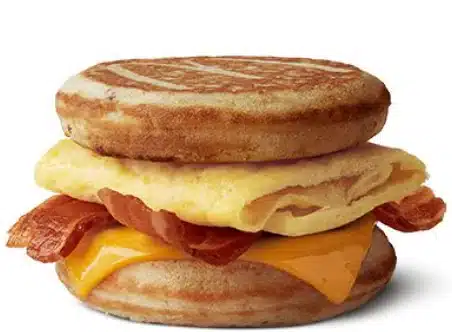 McDonald's Bacon, Egg & Cheese McGriddles with crispy bacon, fluffy egg, and melted cheese between soft maple-flavored griddle cakes