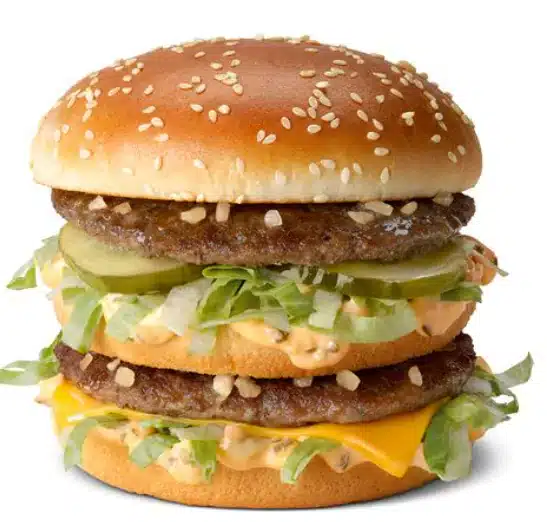 McDonald's Big Mac with two beef patties, special sauce, lettuce, cheese, pickles, and onions