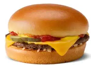 McDonald's Cheeseburger with a beef patty, melted cheese, pickles, onions, ketchup, and mustard