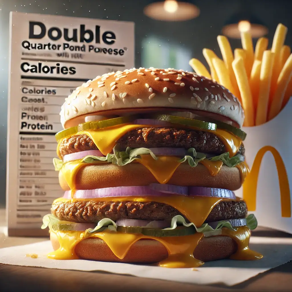 Close-up image of McDonald's Double Quarter Pounder® with Cheese featuring two beef patties, melted cheese, fresh lettuce, pickles, and onions on a sesame seed bun.