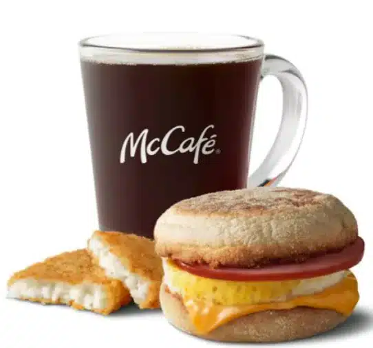 McDonald's Egg McMuffin Breakfast Meal with a classic Egg McMuffin, crispy hash brown, and a hot coffee