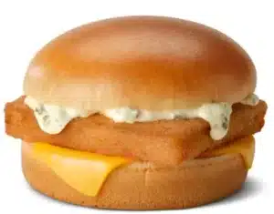 McDonald's Filet-O-Fish sandwich with a crispy fish fillet, tangy tartar sauce, and melted cheese in a steamed bun