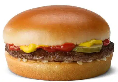 McDonald's Hamburger with a beef patty, pickles, onions, ketchup, and mustard in a soft bun