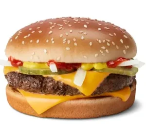 McDonald's Quarter Pounder with Cheese featuring a beef patty, melted cheese, onions, pickles, and ketchup in a sesame seed bun