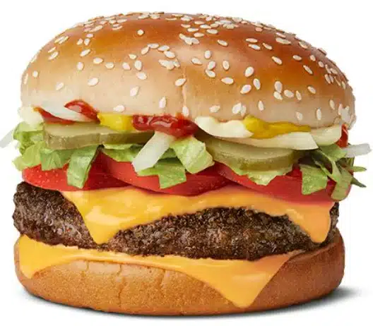 McDonald's Quarter Pounder with Cheese Deluxe featuring a quarter-pound beef patty, cheese, lettuce, tomato, pickles, onions, and mayo