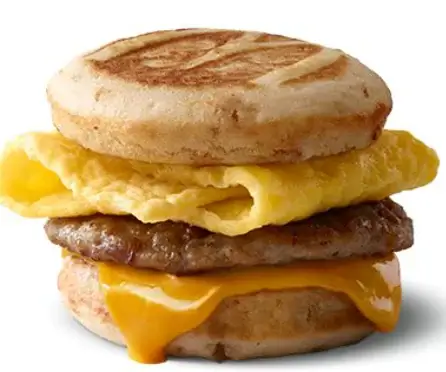 McDonald's Sausage, Egg & Cheese McGriddles with a savory sausage patty, fluffy egg, and melted cheese between maple-flavored griddle cakes