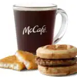 McDonald's Sausage McGriddles Meal with sweet griddle cakes, crispy hash brown, and hot coffee.