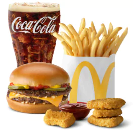 A McDouble® burger, 4-piece Chicken McNuggets®, small World Famous Fries®, and a small Coca-Cola®, highlighting the $5 McDouble® Deal Meal