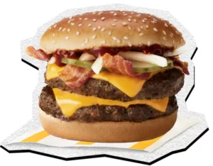 McDonald's Double BBQ Bacon Quarter Pounder with Cheese, featuring two beef patties, crispy bacon, melted cheese, pickles, onions, and BBQ sauce on a sesame seed bun.