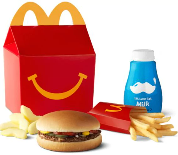 A McDonald's Hamburger Happy Meal featuring a classic hamburger, World Famous Fries® (Kids), a 1% Low Fat Milk Jug, and fresh apple slices, served in the iconic Happy Meal box.